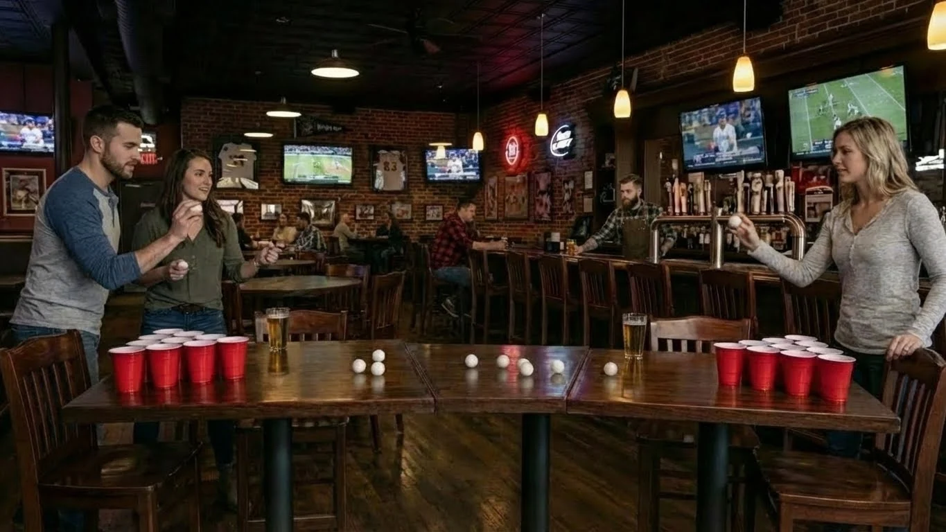 People playing cup pong across a bar table