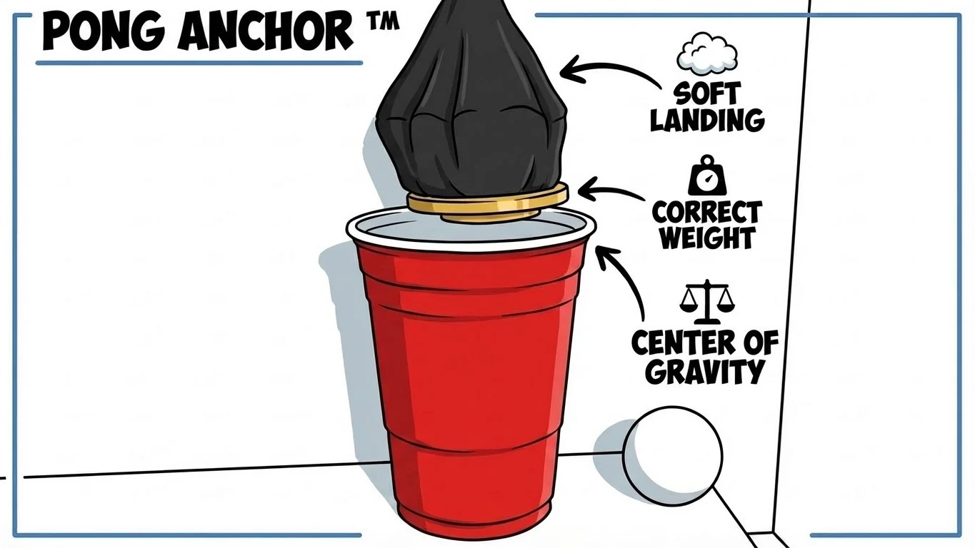 Pong Anchor diagram showing the soft bean bag top, weighted middle and stability ring above a red cup