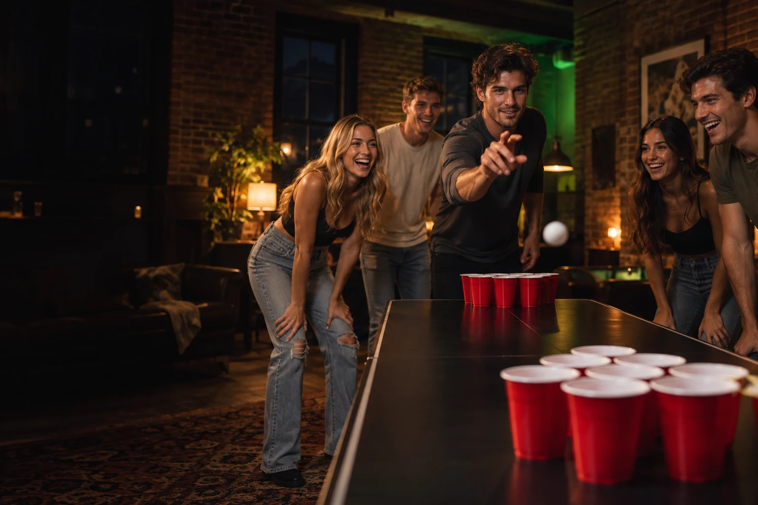 Illustrative chapter game night with adult cup pong players
