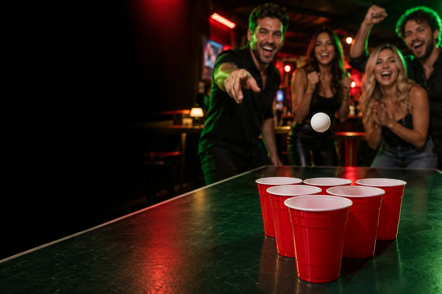Illustrative campaign scene of adult friends playing cup pong, with red cups and an airborne ball