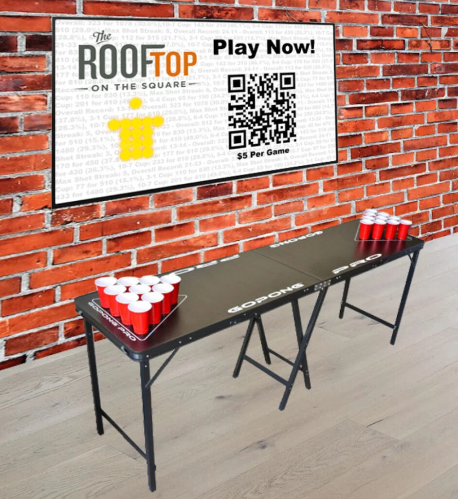 Existing Bar Edition illustration showing a TV with a venue-branded play screen above a cup pong table